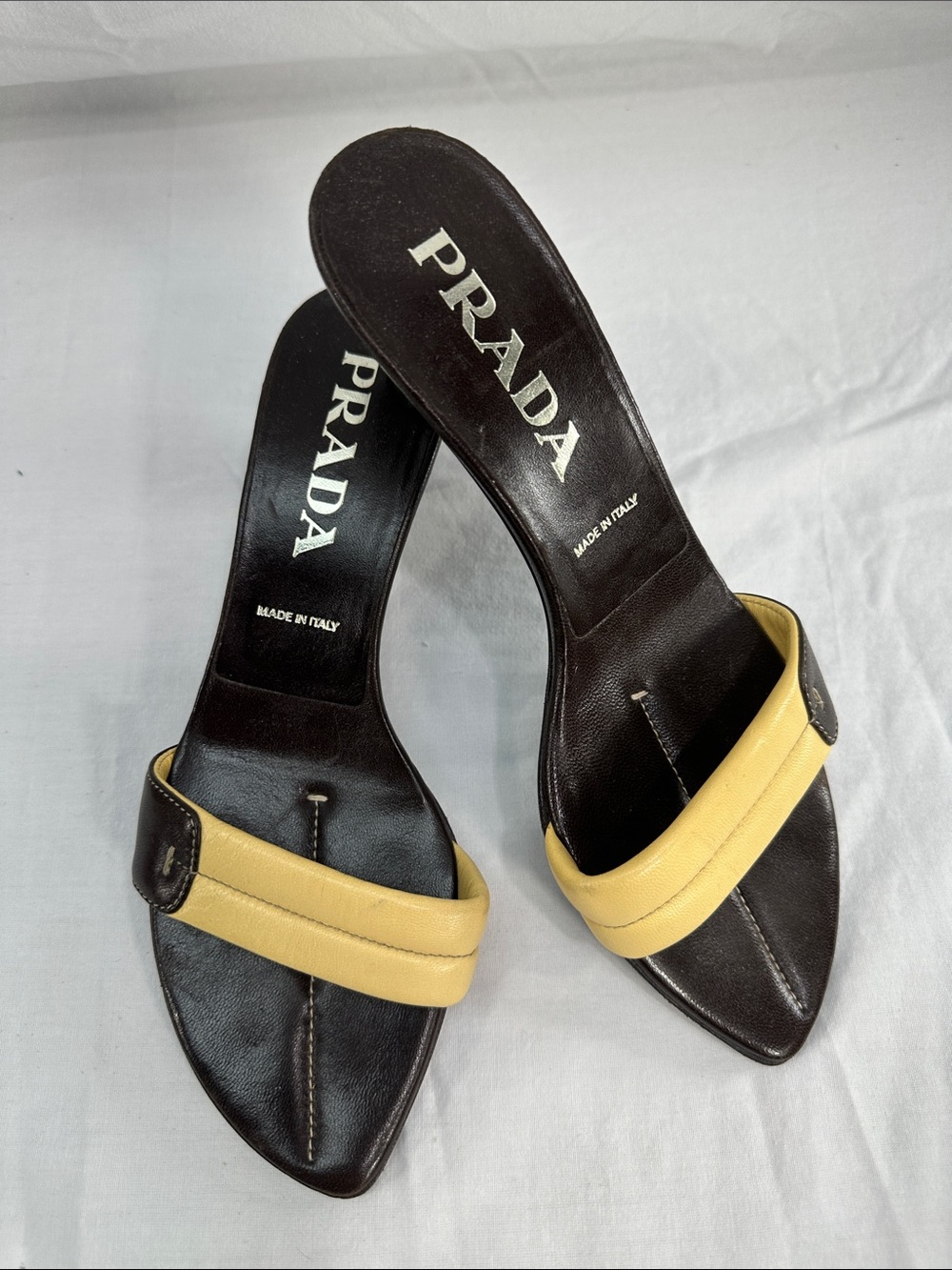 Vintage Prada Leather Mules Kitten Heel Sz 36 US 6 Brown/Tan Slip On Sandals - Picture 2 of 12
